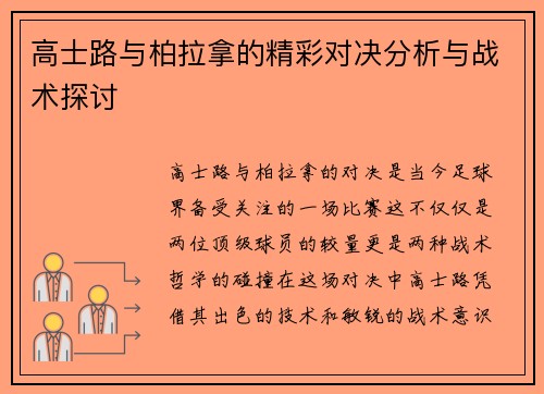 高士路与柏拉拿的精彩对决分析与战术探讨